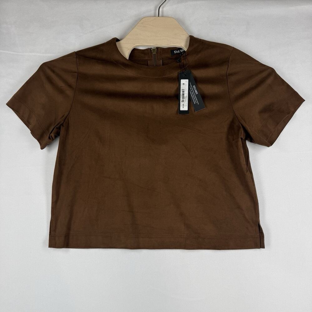 Steve Madden Women S NWT Brown Faux Suede Cropped Top Short Sleeve Back Zip